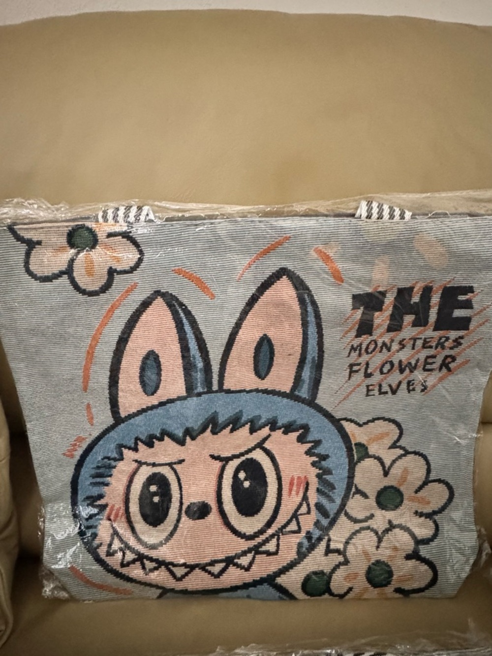 New in plastic Labubu , Graphic Tote Bag - Blue & Pink
